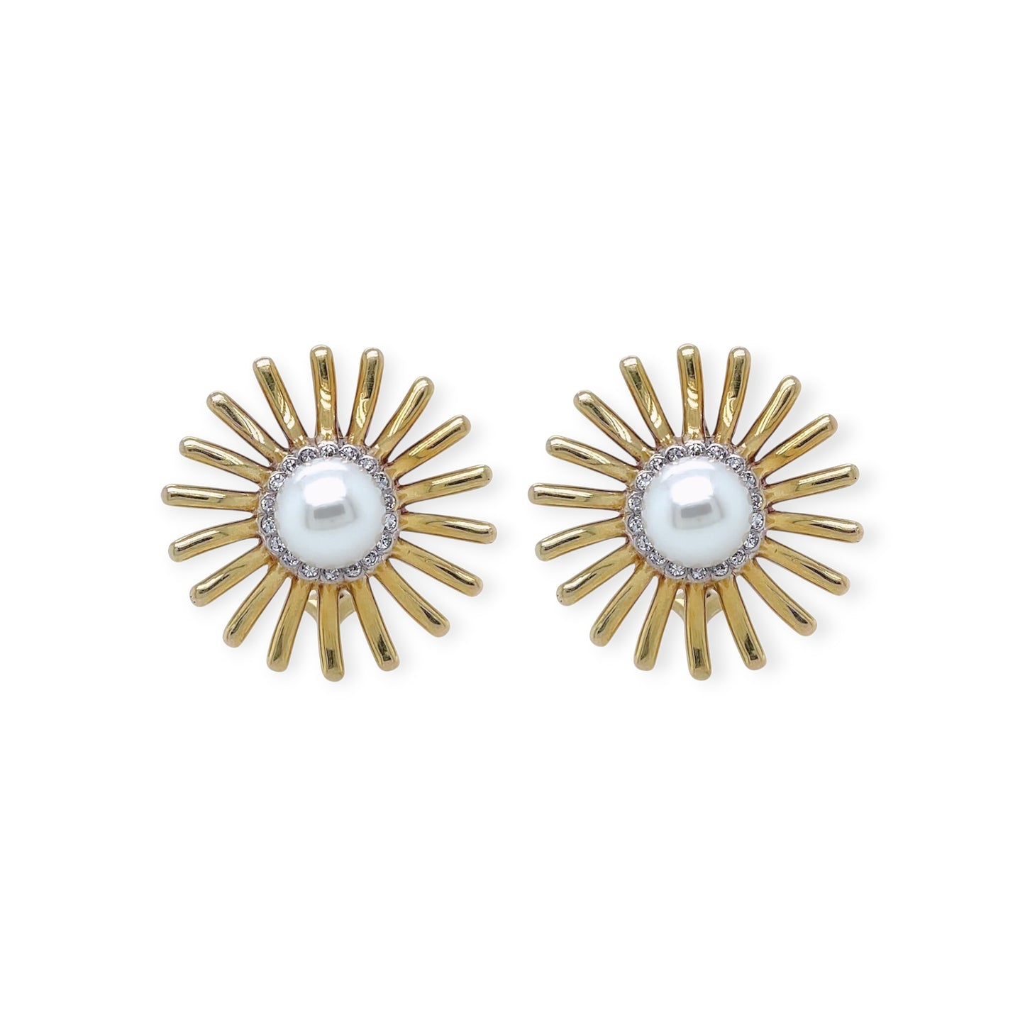 Gold Pearl Diamond Sunburst Earrings