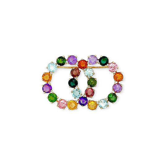 Multi Gem Overlapping Circles Gold Brooch