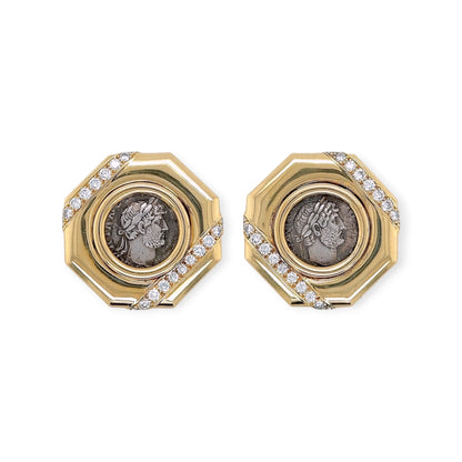 Bulgari Gold Diamond Emperor Hadrian Coin Earrings