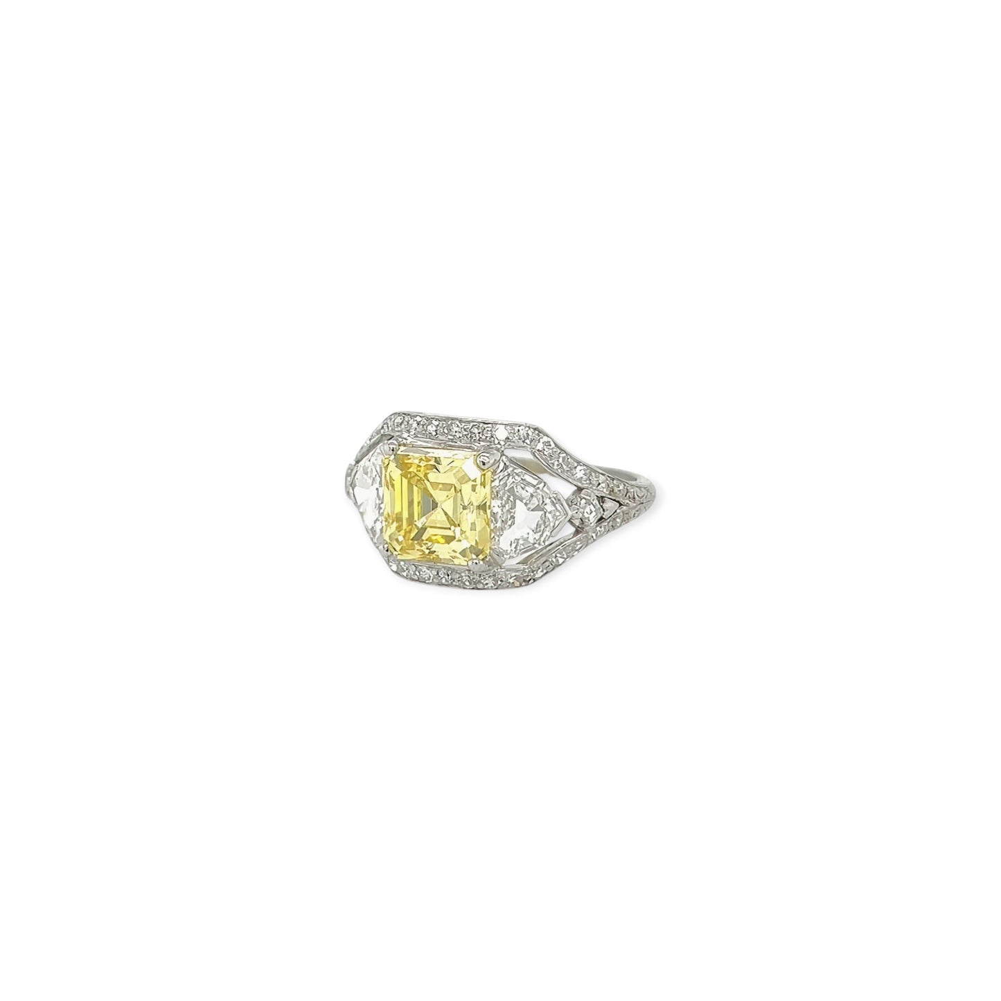 Art Deco Fancy Intense Yellow Asscher Cut 2.12 Diamond Ring