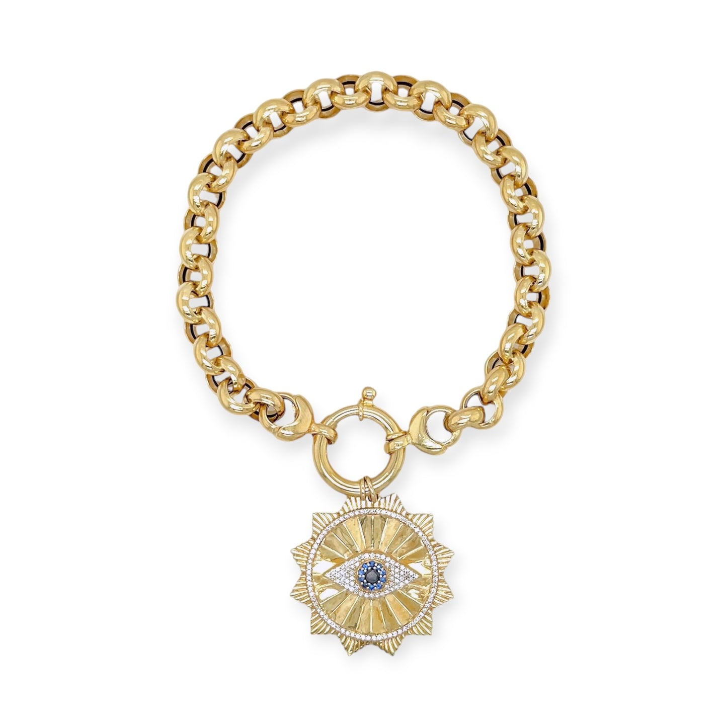 Gold Diamond Evil Eye Charm Link Bracelet