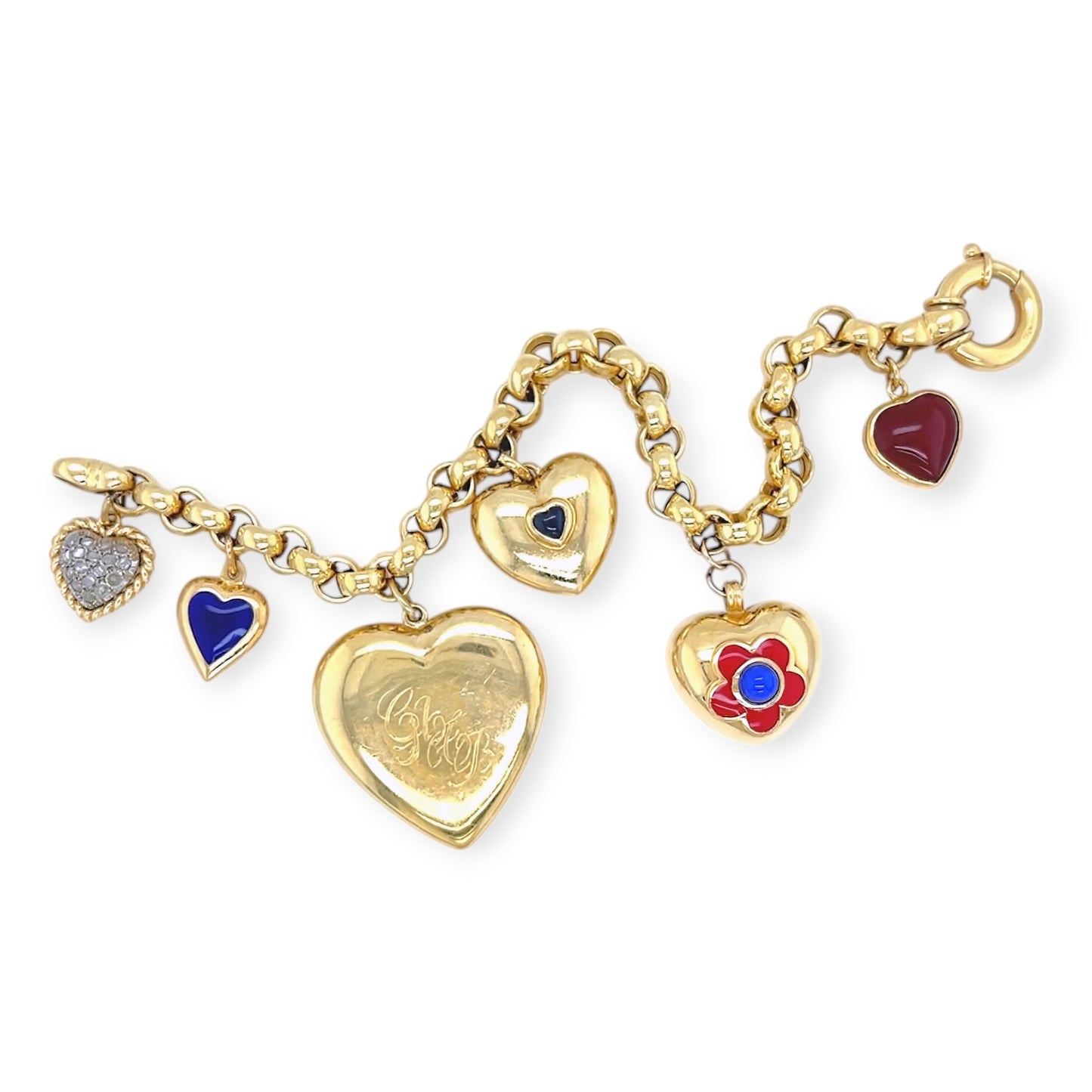 Gold Multi Gem Heart Charm Bracelet