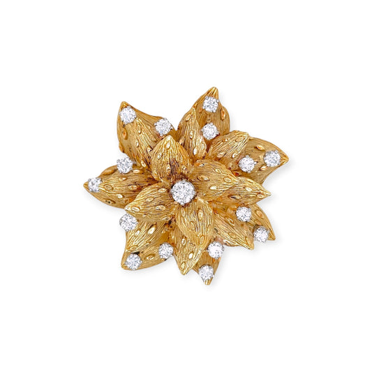 Gold Diamond Textured Flower Brooch