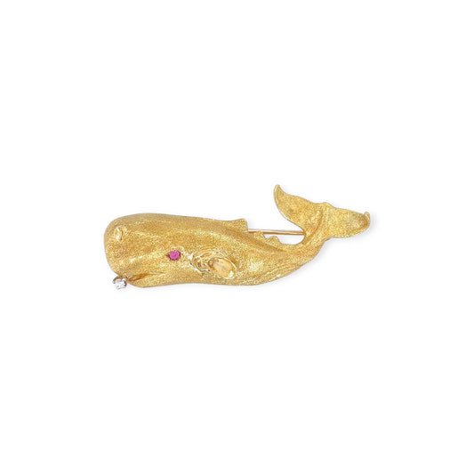 Gold Ruby Diamond Whale Brooch