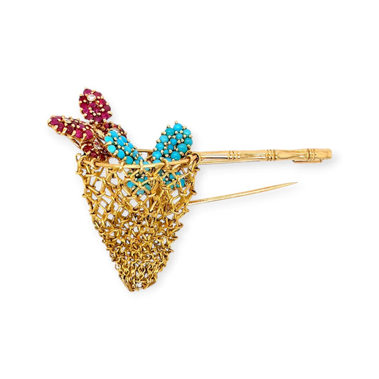 Marchak Gold Turquoise Ruby Diamond Butterfly Net Brooch