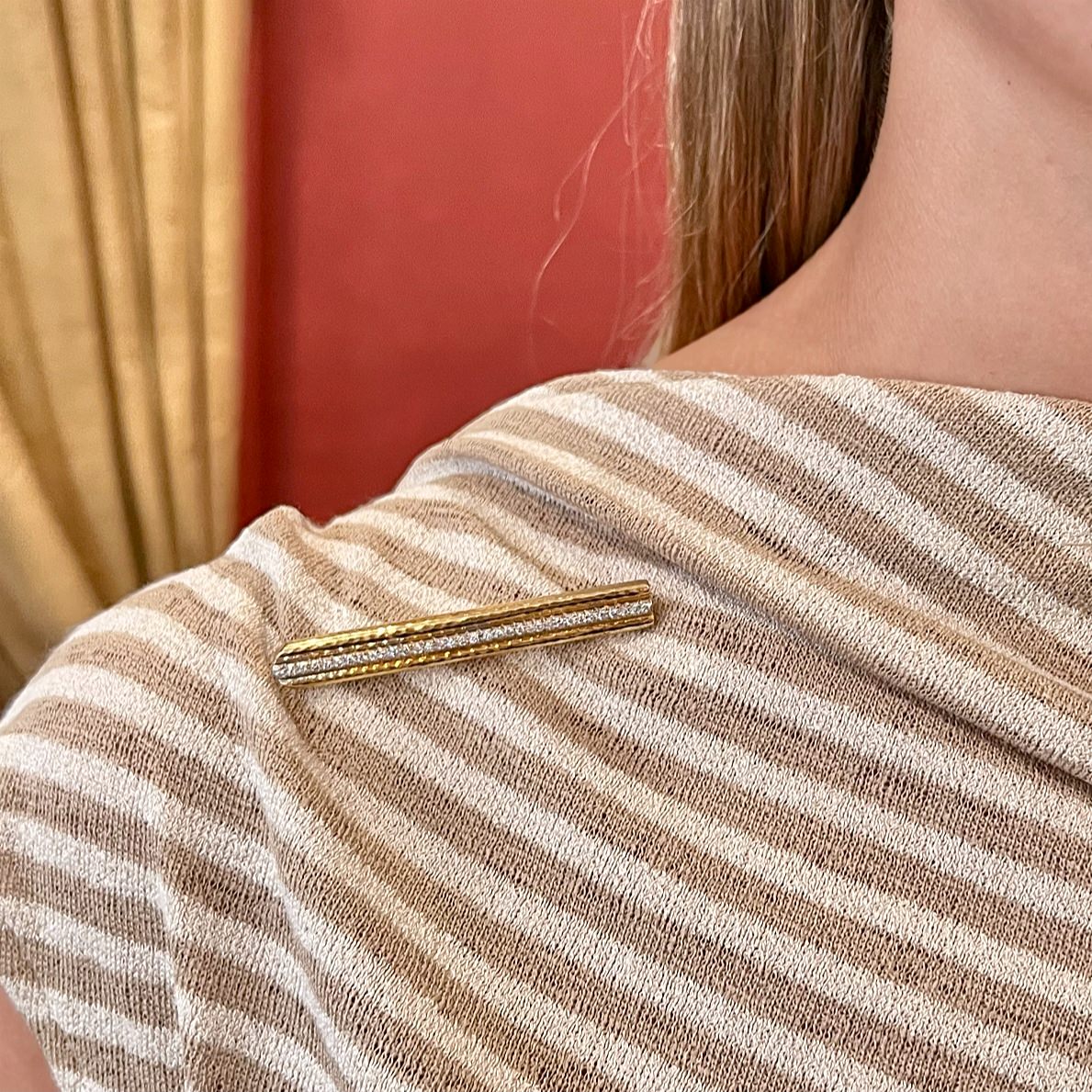 Andrew Clunn Gold Diamond Hammered Bar Brooch