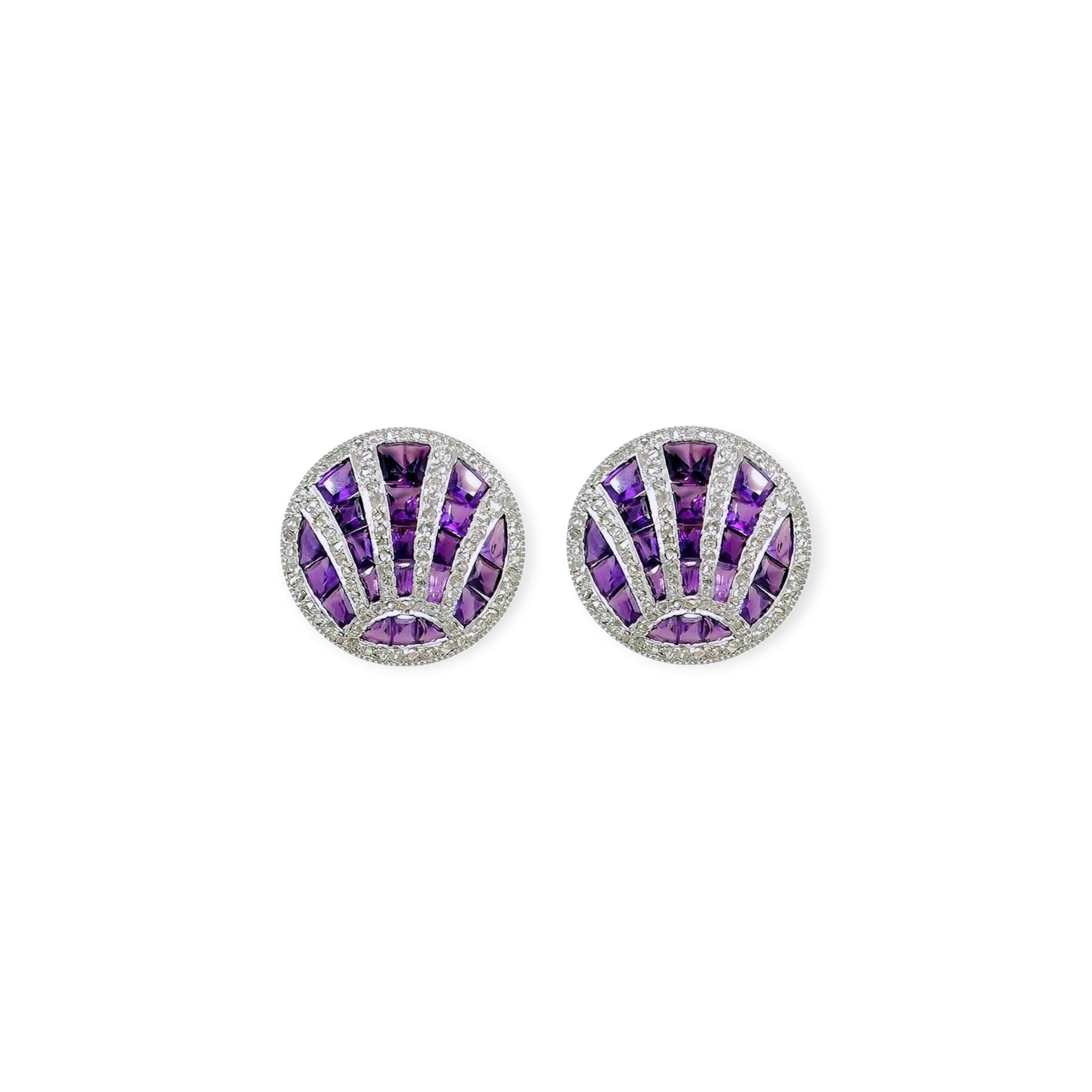 Antique Amethyst Diamond Sunburst Disc Earrings