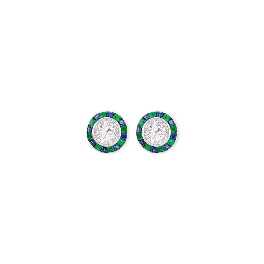 Art Deco Style Sapphire Emerald Diamond Stud Earrings