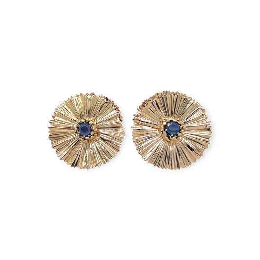 Gold Sapphire Ruffled Disc Earrings