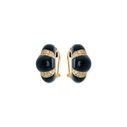 Gold Black Onyx Diamond Half Hoop Earrings