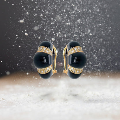 Gold Black Onyx Diamond Half Hoop Earrings