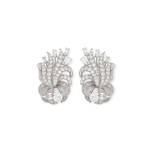 1960s Platinum Diamond Floral Spray Earrings