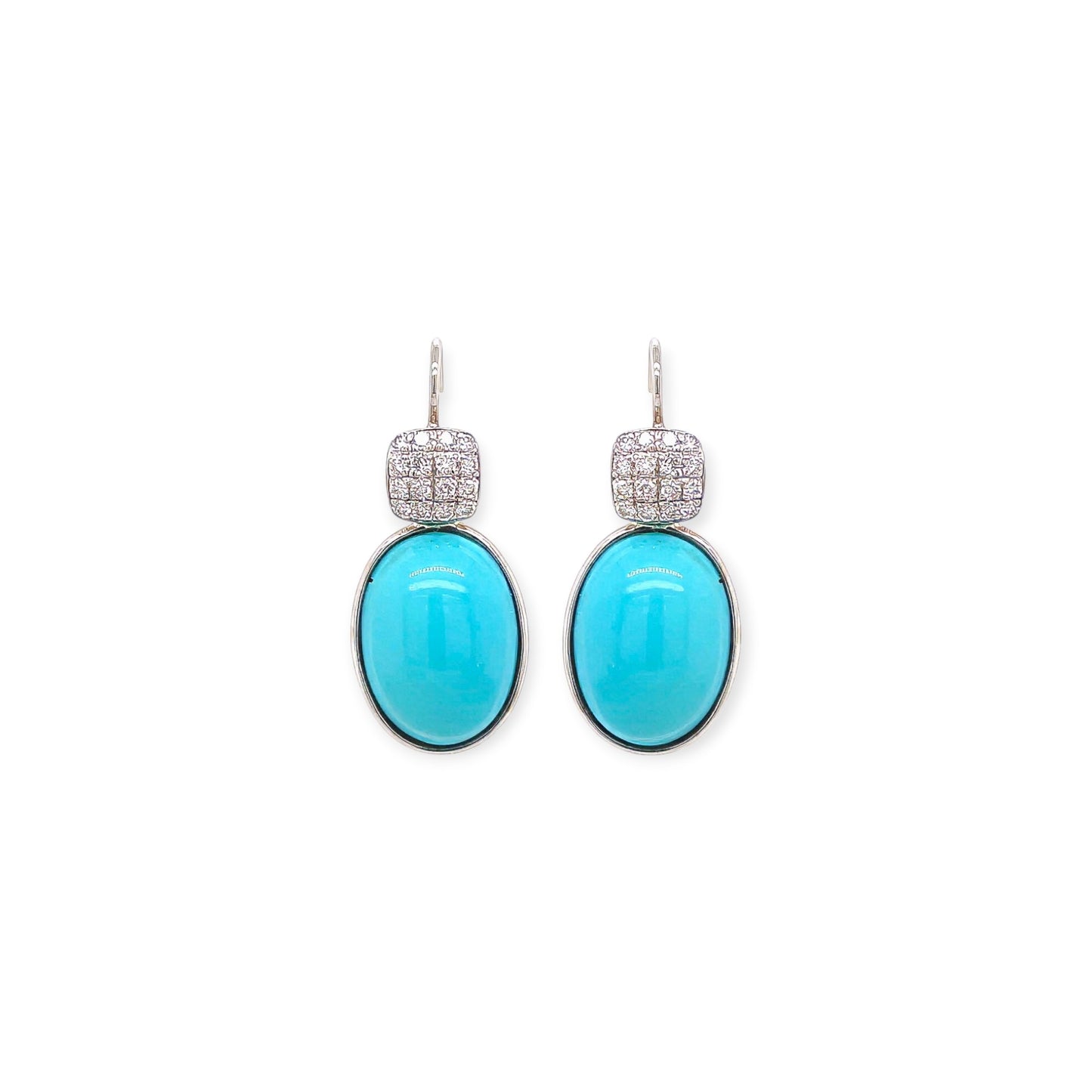 White Gold Square Diamond Turquoise Drop Earrings