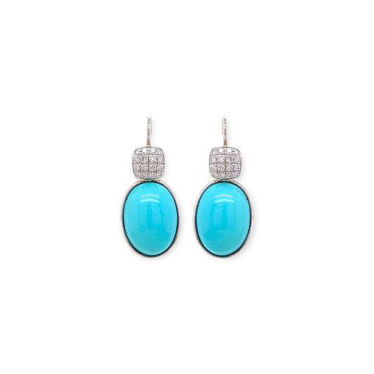 White Gold Square Diamond Turquoise Drop Earrings