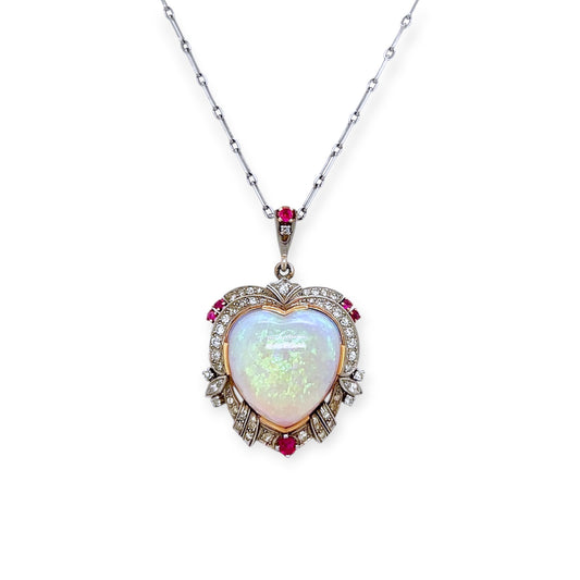 Cabochon Opal Heart Ruby Diamond Necklace