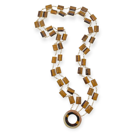 1970s Long Gold Tiger's Eye Cameo Necklace