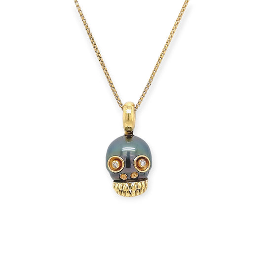 Baroque Tahitian Pearl Diamond Skull Pendant Necklace