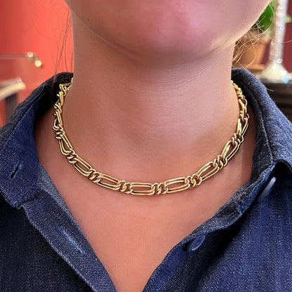 Gold Figaro Chain Double Link Necklace