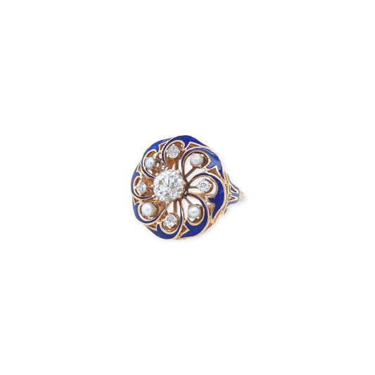 Antique Style Enamel Pearl Diamond Ring