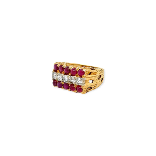 Ruby Diamond Textured Gold Rectangular Ring
