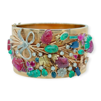 1950s Multi Gem Diamond Bouquet Gold Bracelet