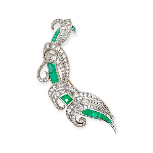 Emerald Diamond Platinum Scroll Brooch
