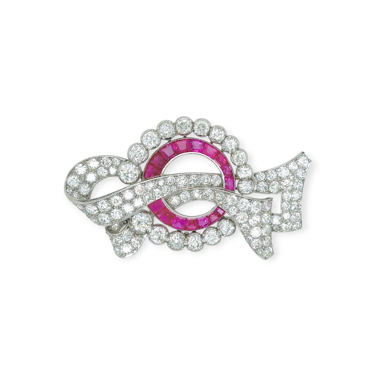 Ruby Diamond Platinum Ribbon Brooch