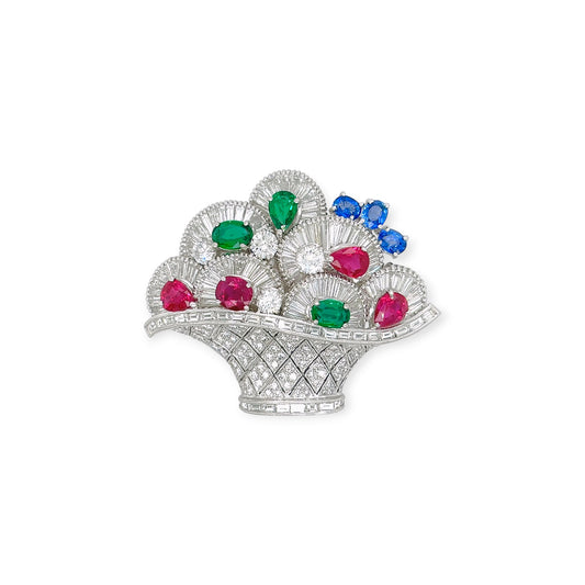 Multi Gem Diamond Flower Basket Platinum Brooch