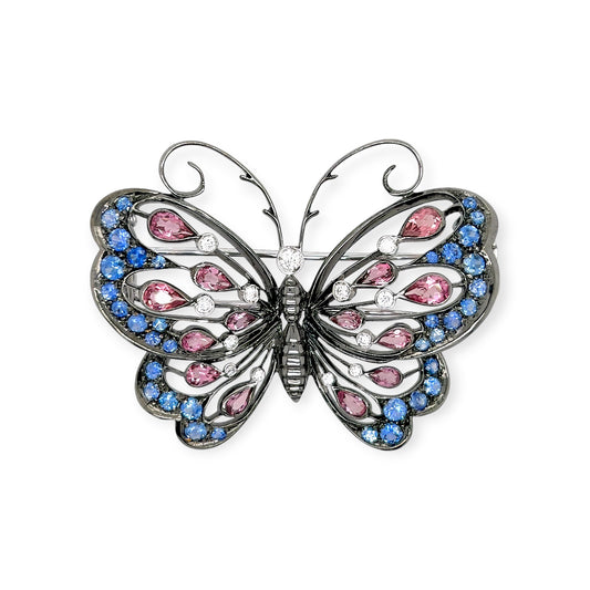 Sapphire Diamond Butterfly Blackened Gold Brooch