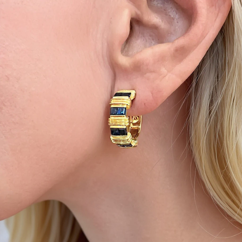 Gold Sapphire Banded Hoop Earrings