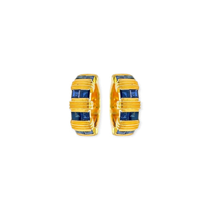 Gold Sapphire Banded Hoop Earrings