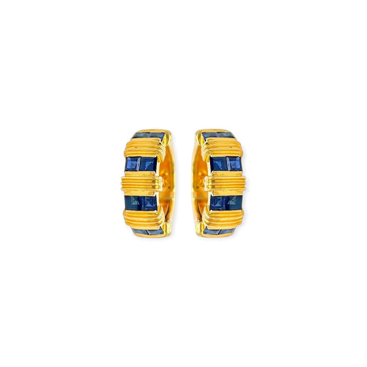 Gold Sapphire Banded Hoop Earrings