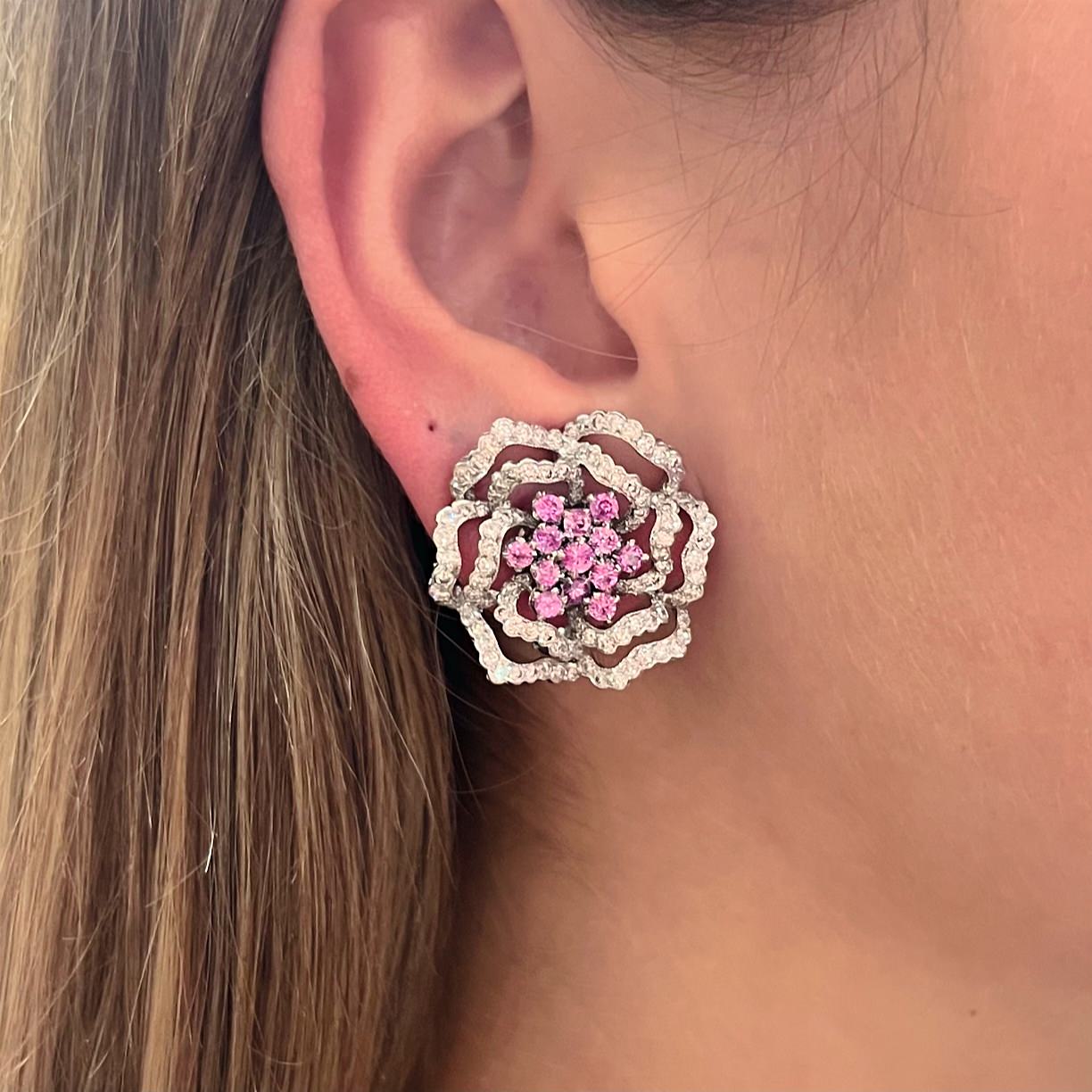 Pink Sapphire Diamond Flower Earrings