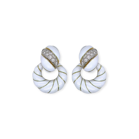 David Webb White Enamel Diamond Doorknocker Earrings