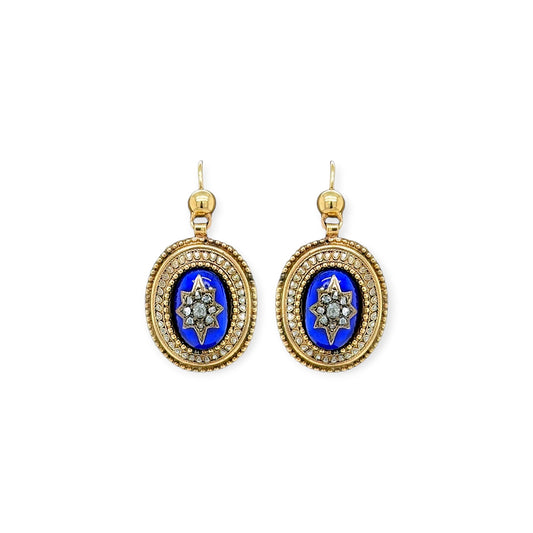 Gold Blue Enamel Diamond Oval Earrings