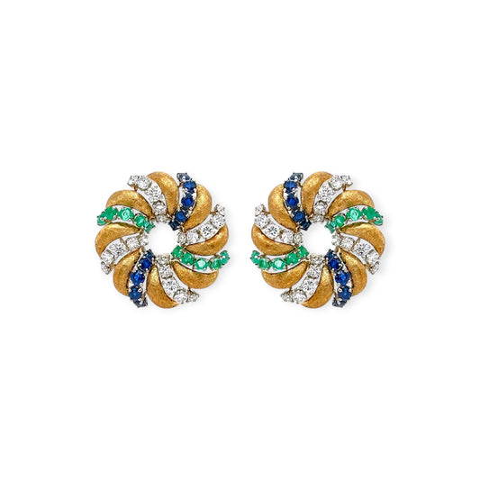 Sapphire Emerald Diamond Gold Spiral Earrings