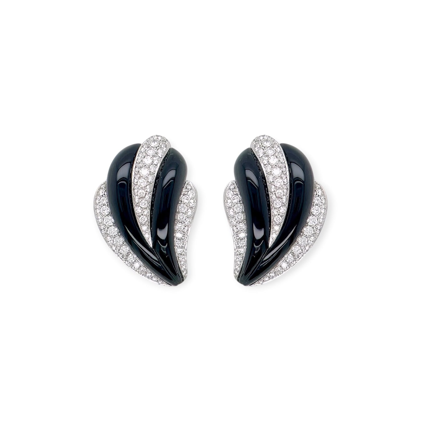 White Gold Black Onyx Diamond Swoop Earrings
