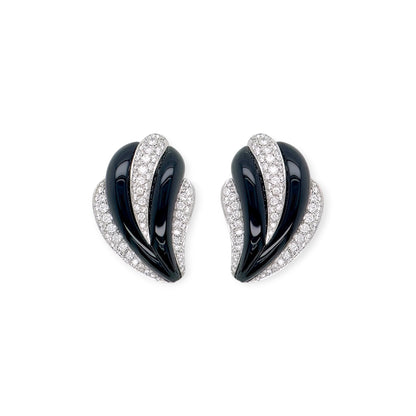 White Gold Black Onyx Diamond Swoop Earrings