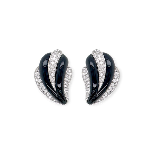 White Gold Black Onyx Diamond Swoop Earrings