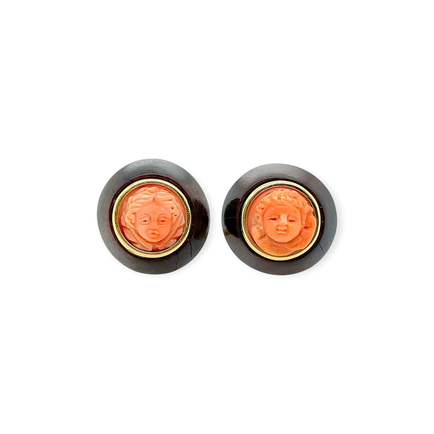 French Coral Cameo Wood Gold Earrings