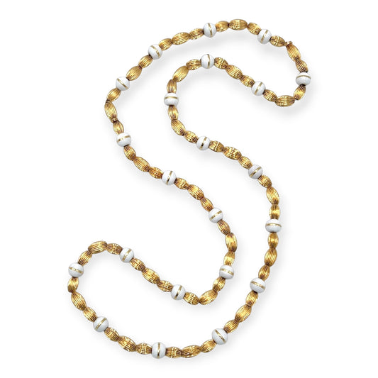 Long Gold Bead White Enamel Necklace