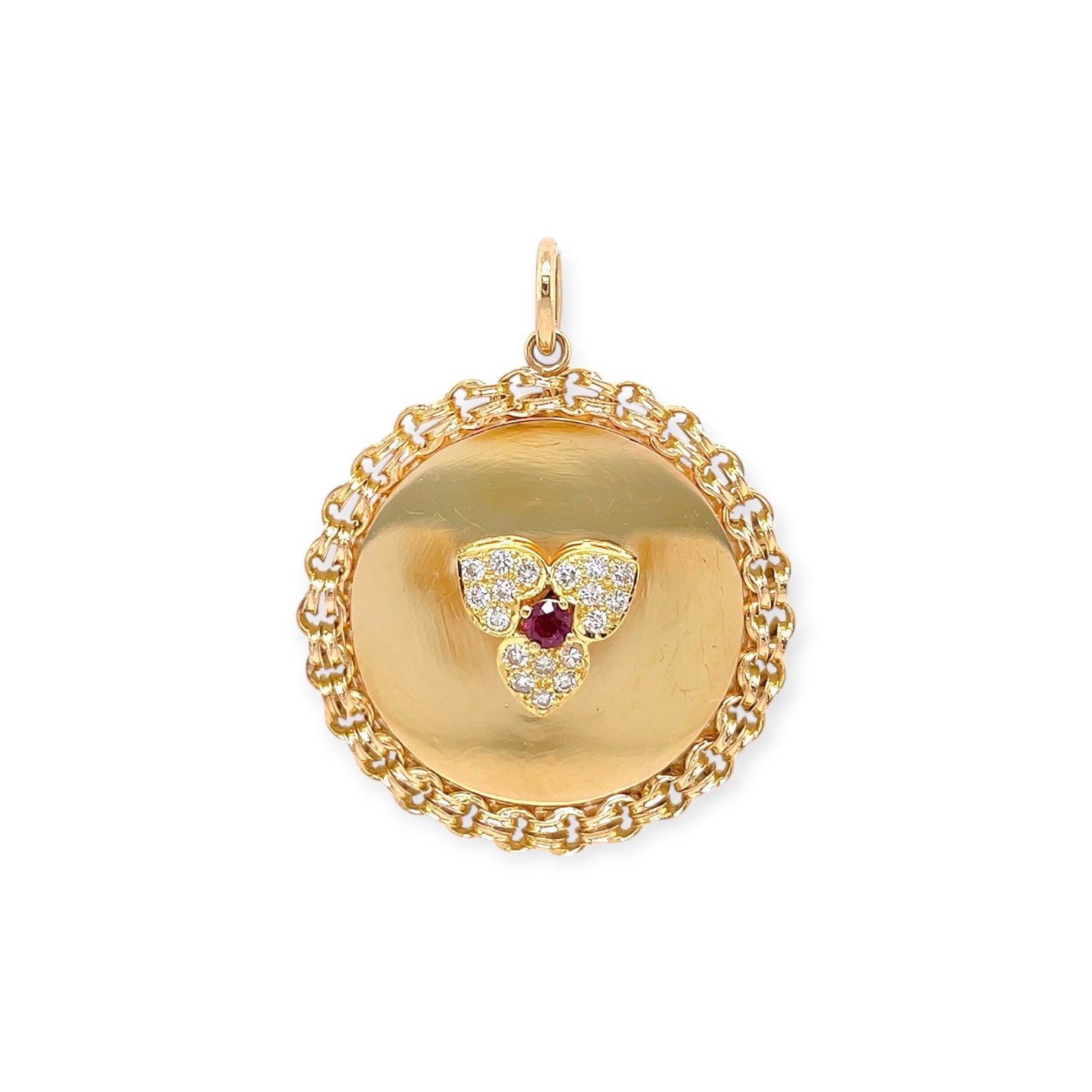 Gold Ruby Diamond Trefoil Disc Pendant