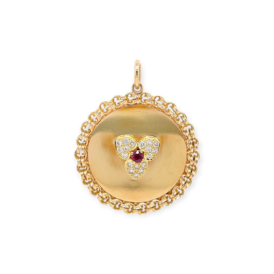 Gold Ruby Diamond Trefoil Disc Pendant