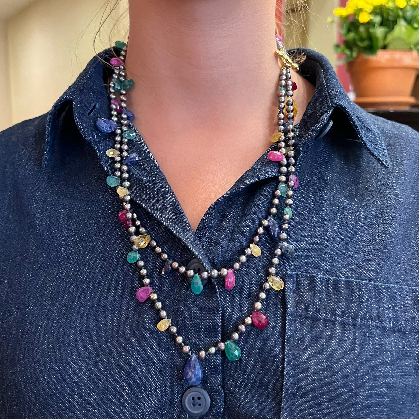 Mish Gold Pearl Sapphire Emerald Ruby Necklace