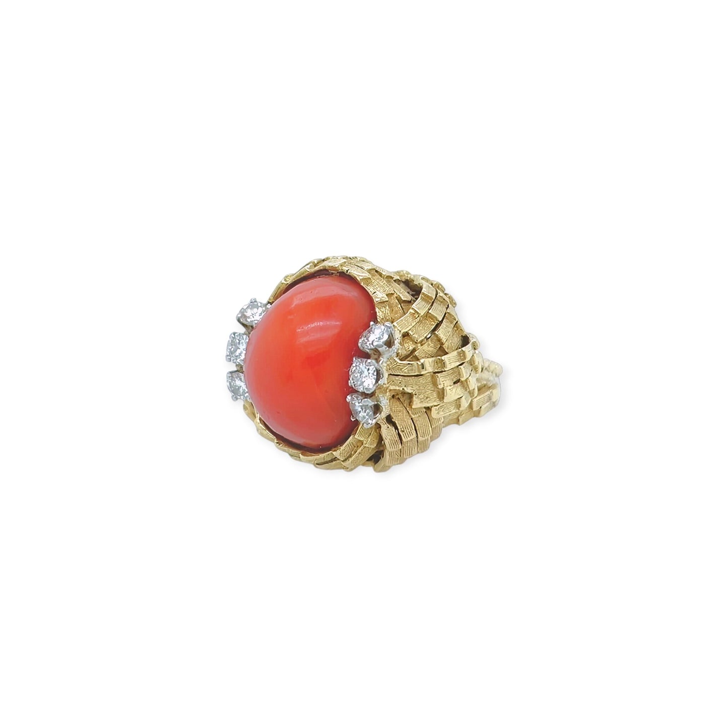 Oval Cabochon Coral Gold Diamond Ring