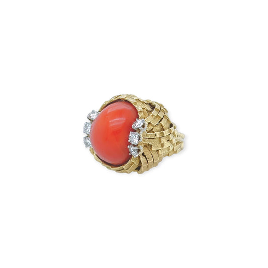 Oval Cabochon Coral Gold Diamond Ring