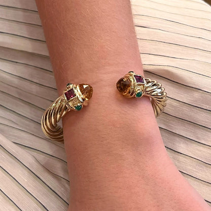 David Yurman Renaissance Cablespira Gold Citrine Emerald Rhodolite Bracelet