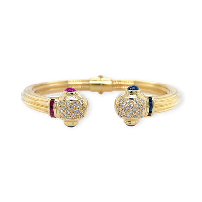 Gold Diamond Sapphire Ruby Hinged Bracelet