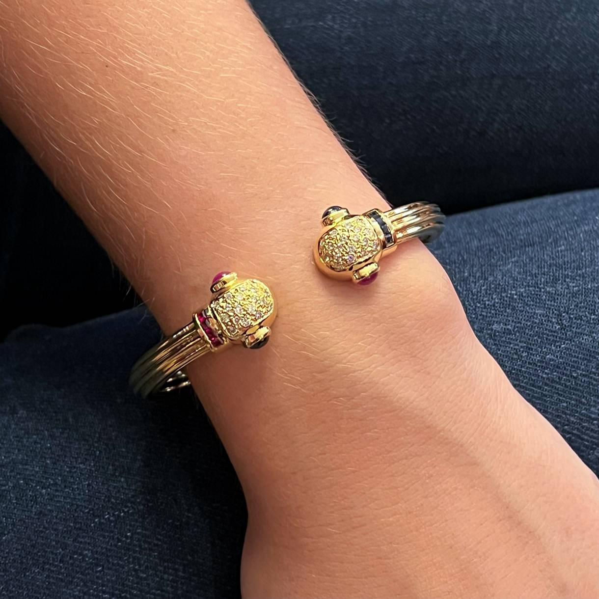 Gold Diamond Sapphire Ruby Hinged Bracelet