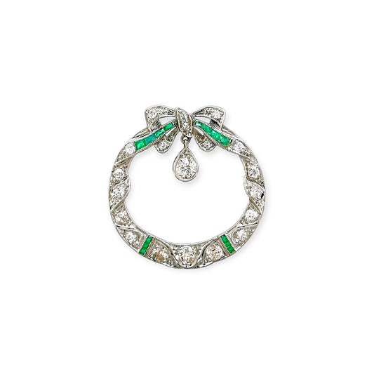 Art Deco Emerald Diamond Circular Platinum Brooch